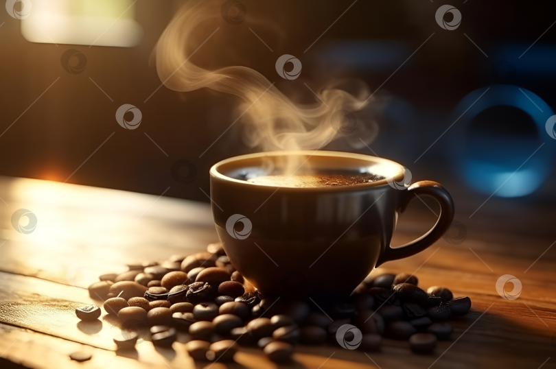 Скачать Коричневая чашка с горячим ароматным кофе, под утренними лучами солнца, на деревянном столе. фотосток Ozero