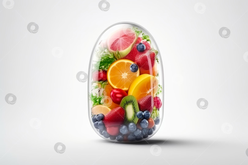 Скачать Красочная прозрачная капсула с фруктами, овощами и ягодами внутри. Иллюстрация генеративного искусственного интеллекта фотосток Ozero