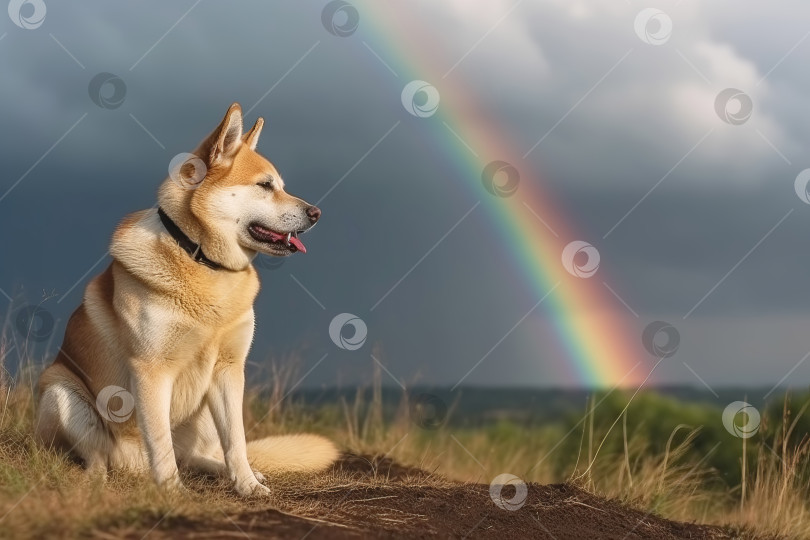 Скачать Милая домашняя собачка отправляется в радугу. Метафора ухода питомца в загробную жизнь. Иллюстрация генеративного искусственного интеллекта фотосток Ozero
