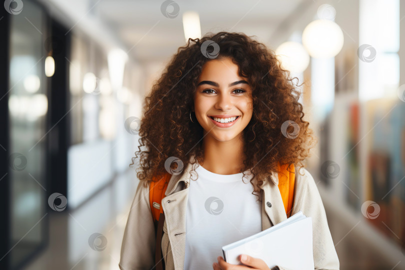 Скачать Ученица средней школы, стоящая в коридоре современного колледжа или университета. Иллюстрация генеративного искусственного интеллекта фотосток Ozero
