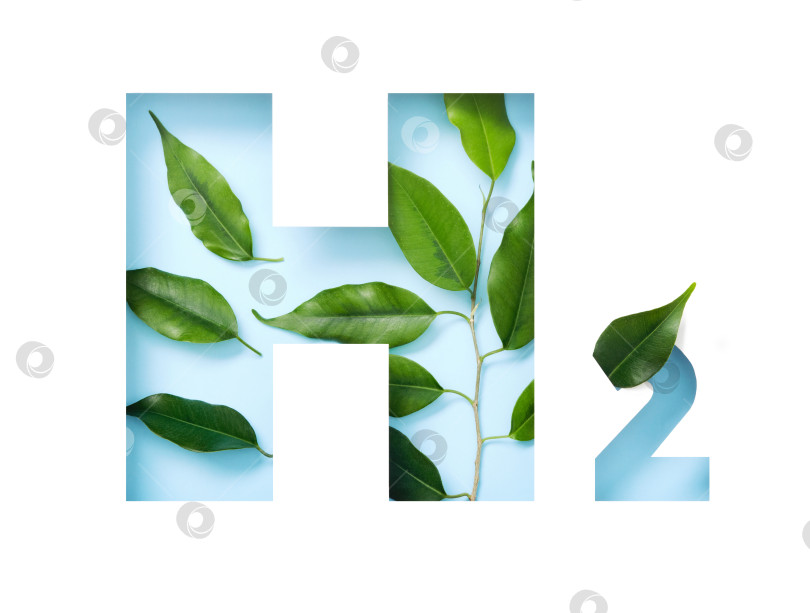 Скачать Значок водорода H2, сделанный из нарезанной бумаги и зеленых листьев на синем фоне. Концепция экологически чистого биотоплива фотосток Ozero