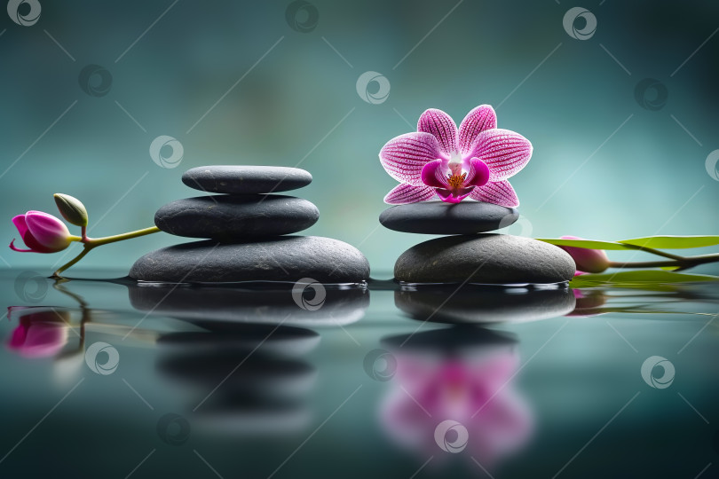 Скачать Орхидеи и спа-камни балансируют на спокойной воде. Иллюстрация генеративного искусственного интеллекта фотосток Ozero