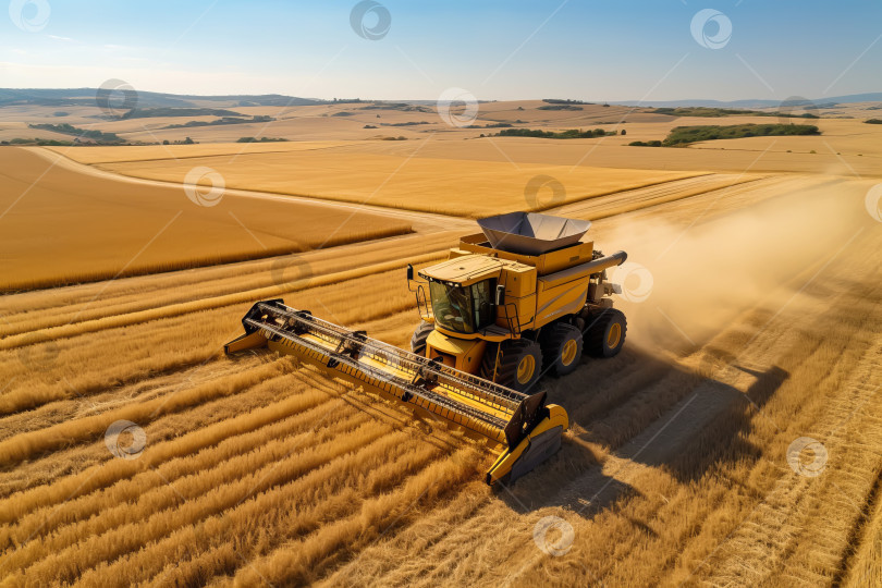 Скачать Вид с высоты птичьего полета на комбайн, убирающий спелую пшеницу на бескрайнем поле. Иллюстрация генеративного искусственного интеллекта фотосток Ozero