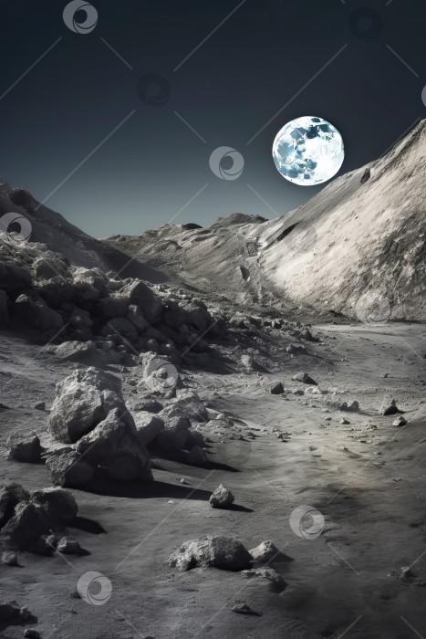 Скачать Фантастическая лунная поверхность и голубая планета Земля ночью в глубоком космосе. Иллюстрация генеративного искусственного интеллекта фотосток Ozero