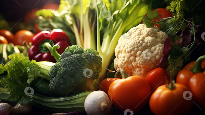 Скачать Крупный план различных свежих овощей на столе. Созданный искусственный интеллект. фотосток Ozero