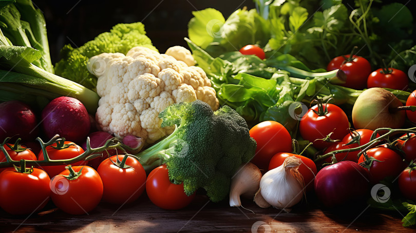 Скачать Крупный план различных свежих овощей на столе. Созданный искусственный интеллект. фотосток Ozero