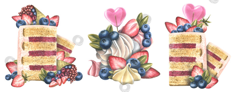Скачать Кусочки торта с клубникой, черникой, розовым леденцом в форме сердца, безе и кремом. Акварельная иллюстрация, нарисованная от руки. Набор композиций на белом фоне. фотосток Ozero