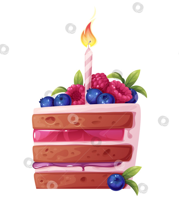 Скачать Кусок торта со свечой на белом фоне. С Днем Рождения. Сладкий пирог со сливками, малиной и черникой. фотосток Ozero