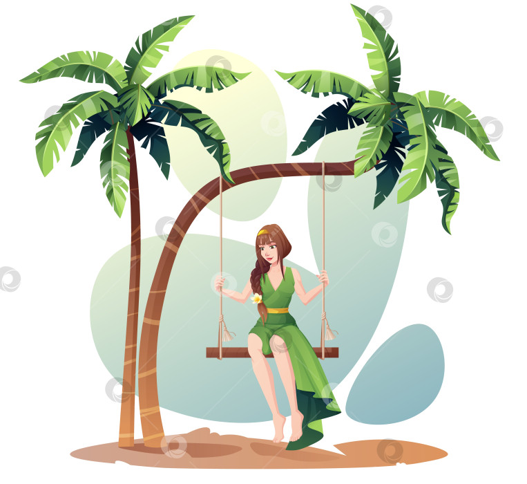 Скачать Девушка качается на пляжных качелях на пальмах. Летняя солнечная иллюстрация, отдыхающая женщина в платье. Летнее время, расслабление, пляжная атмосфера. Мультяшный стиль. фотосток Ozero