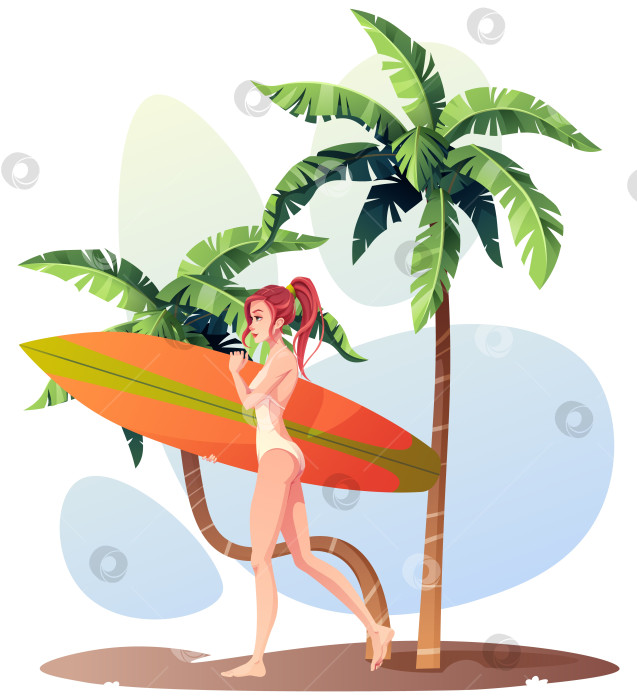 Скачать Девушка с доской для серфинга. Серфер прогуливается по пляжу с пальмами. Летняя солнечная иллюстрация, отдыхающая женщина в купальнике. Летнее время, активный отдых на свежем воздухе, спорт. Мультяшный стиль фотосток Ozero