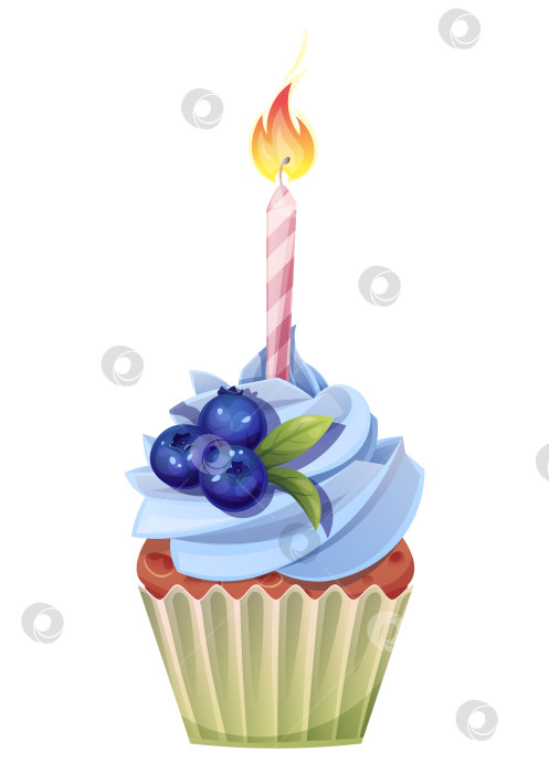 Скачать Кекс со свечой на белом фоне. Иллюстрация с днем рождения. Маффин со сливками и черникой. фотосток Ozero