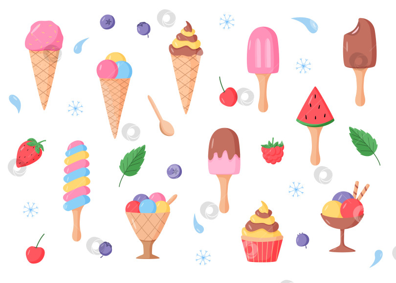 Скачать Набор ярких цветных значков с мороженым и ягодами. Векторная иллюстрация летних десертов: фруктовое мороженое, мороженое в вафельных рожках, клубника, вишня, малина, мята, черника. фотосток Ozero