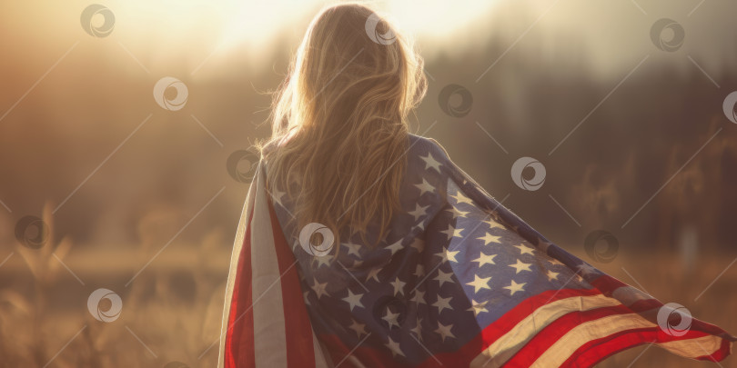 Скачать 4 июля - День независимости Соединенных Штатов Америки. Девушка с флагом Америки. Порождающий искусственный интеллект фотосток Ozero