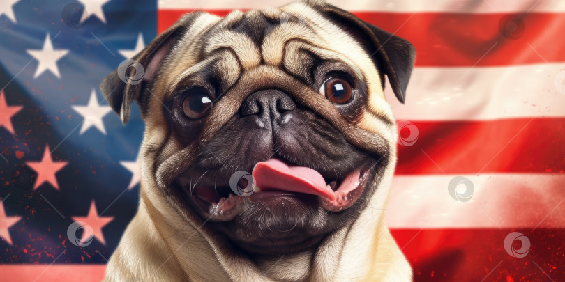 Скачать Симпатичная собачка, одетая в национальные цвета США. 4 июля - День независимости Соединенных Штатов Америки. Порождающий искусственный интеллект фотосток Ozero
