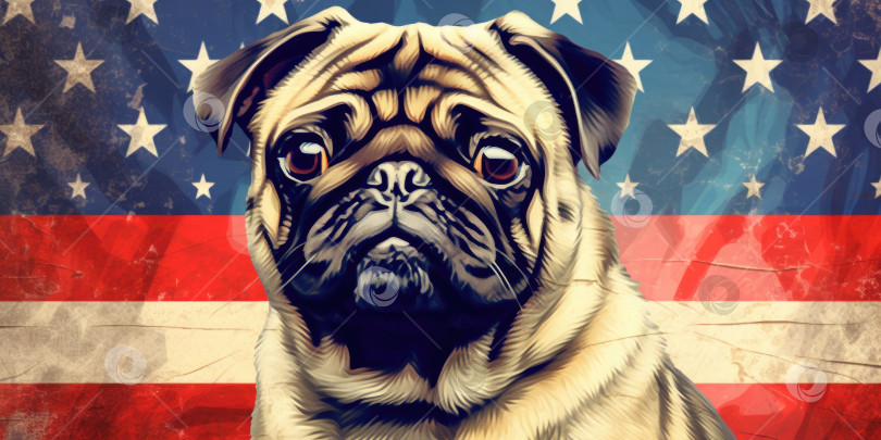 Скачать Симпатичная собачка, одетая в национальные цвета США. 4 июля - День независимости Соединенных Штатов Америки. Порождающий искусственный интеллект фотосток Ozero