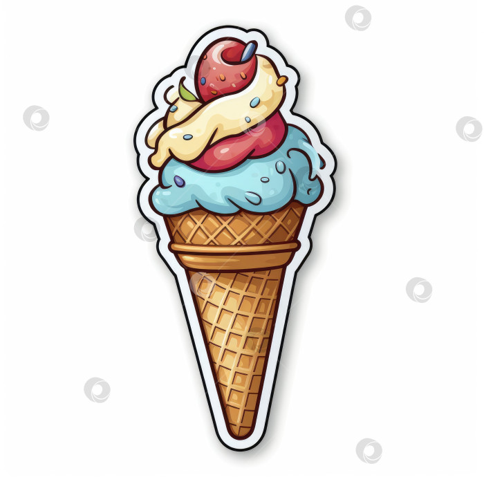 Скачать Наклейка на белом фоне. Вкусное, аппетитное мороженое в рожке, крупным планом. Порождающий искусственный интеллект фотосток Ozero