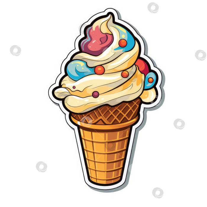 Скачать Наклейка на белом фоне. Вкусное, аппетитное мороженое в рожке, крупным планом. Порождающий искусственный интеллект фотосток Ozero