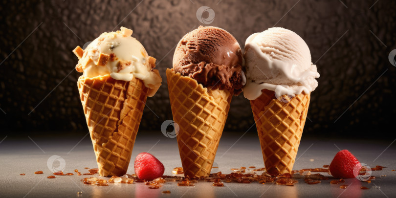 Скачать Вкусное, аппетитное мороженое в рожке, крупным планом. Порождающий искусственный интеллект фотосток Ozero