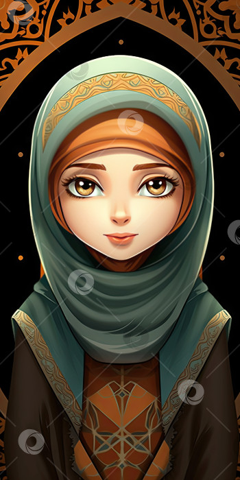 Скачать Тема Курбан-Байрама, праздника жертвоприношения. Иллюстрация милой мусульманской девушки в мультяшном стиле. Порождающий искусственный интеллект фотосток Ozero