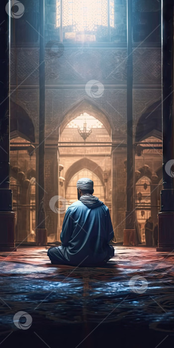 Скачать Тема Курбан-Байрама, праздника жертвоприношения. Мужчина молится в мечети. Место для текста. Порождающий искусственный интеллект фотосток Ozero
