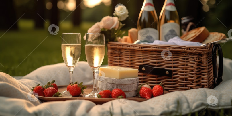 Скачать Романтическая фотография пикника, шампанское в бокалах, клубника и сыр. Порождающий искусственный интеллект фотосток Ozero