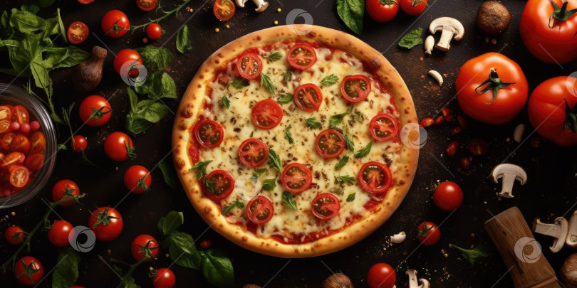 Скачать Вкусная итальянская пицца крупным планом. Вид сверху. Порождающий искусственный интеллект фотосток Ozero