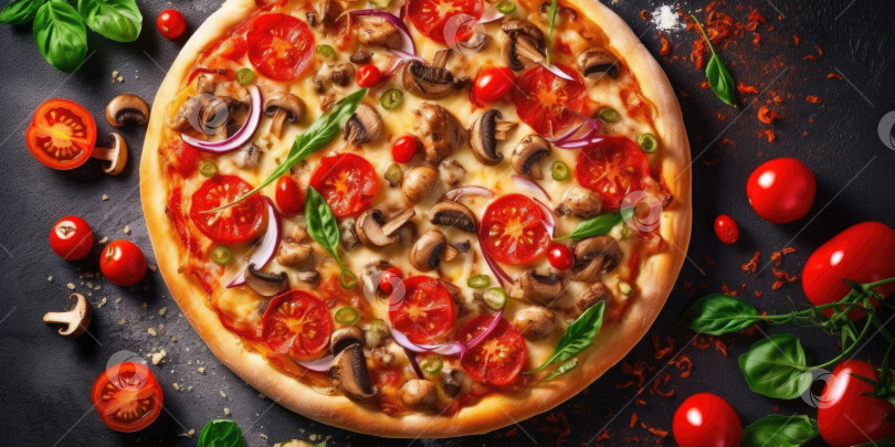 Скачать Вкусная итальянская пицца крупным планом. Вид сверху. Порождающий искусственный интеллект фотосток Ozero