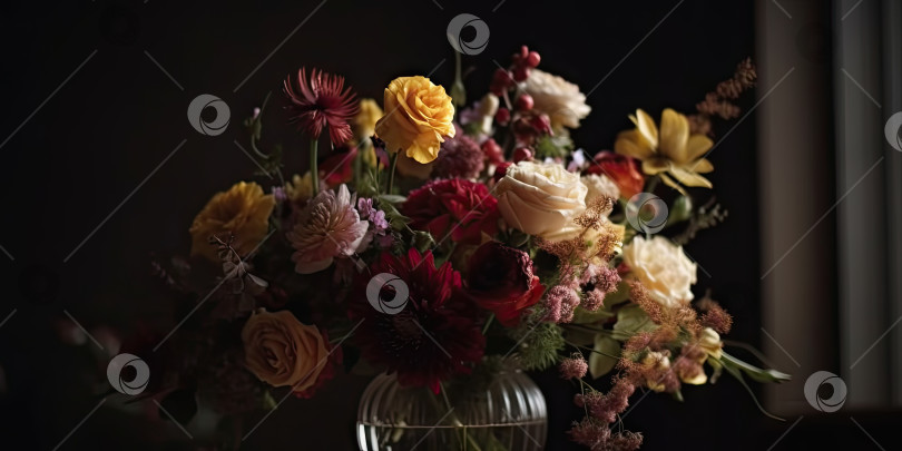 Скачать Букет цветов в стеклянной вазе на столе. Изображение для рабочего стола. Порождающий искусственный интеллект фотосток Ozero