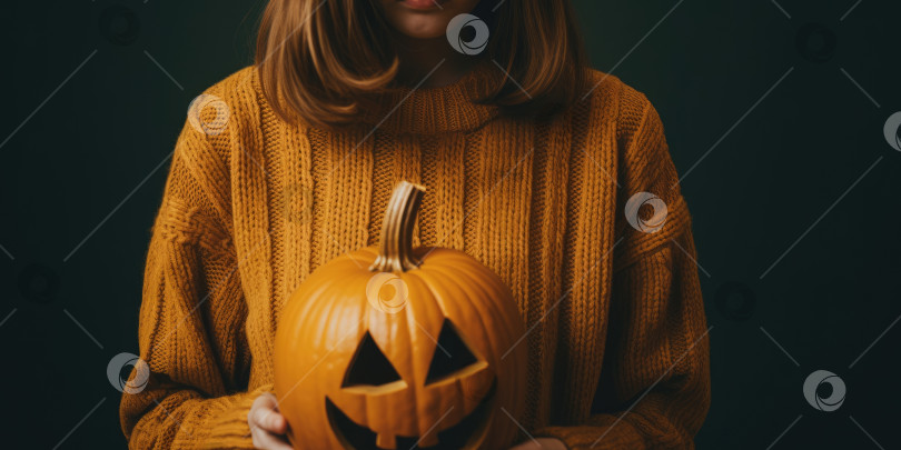 Скачать Девушка в оранжевом свитере держит в руках тыкву. Тема Хэллоуина. Место для текста. Порождающий искусственный интеллект фотосток Ozero