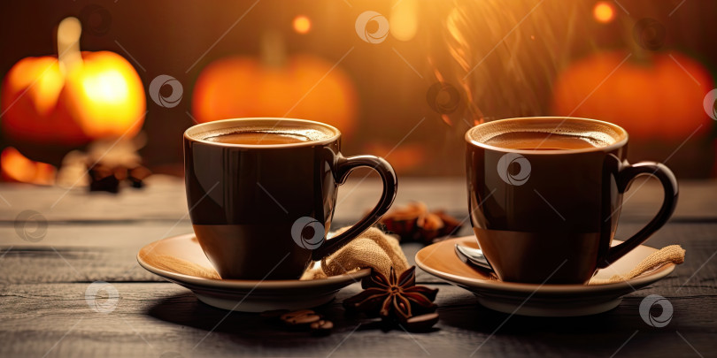 Скачать Фотография ароматного кофе на столе с тыквами и украшениями для праздника Хэллоуин. Порождающий искусственный интеллект фотосток Ozero