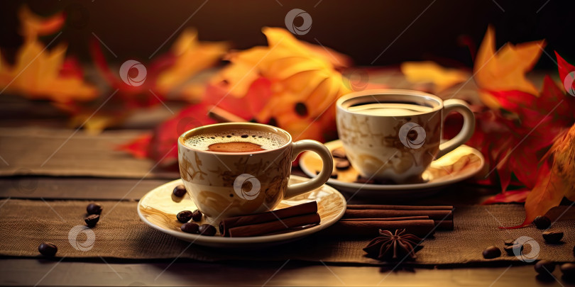 Скачать Фотография ароматного кофе на столе с тыквами и украшениями для праздника Хэллоуин. Порождающий искусственный интеллект фотосток Ozero