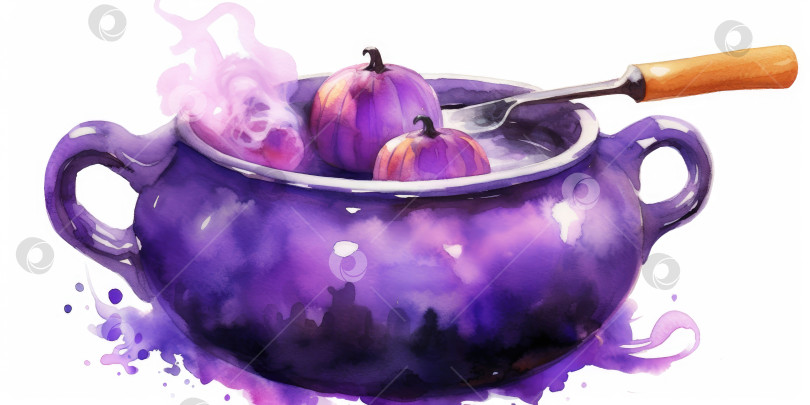 Скачать Фиолетовый котел с зельем. Рисунок на тему Хэллоуина в акварельной технике. Место для текста. Порождающий искусственный интеллект фотосток Ozero