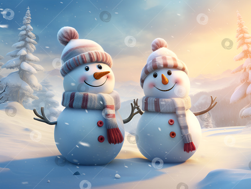 Скачать Два снеговика в шапочках и шарфах на фоне зимнего горного пейзажа. В стиле цифровой иллюстрации фотосток Ozero