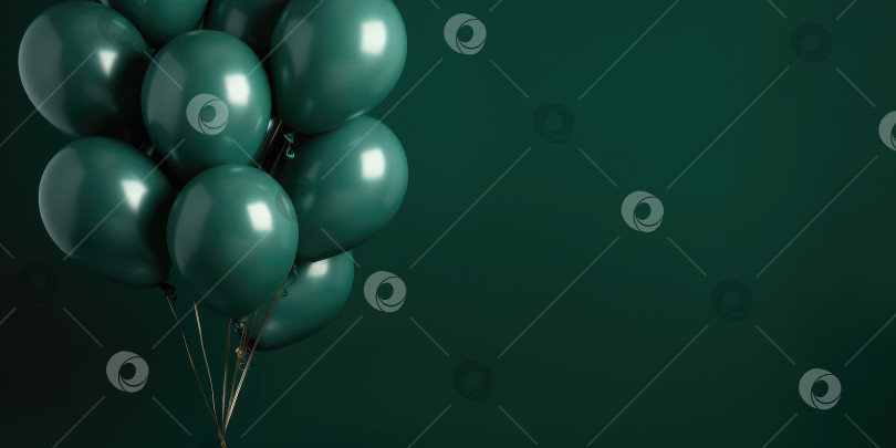 Зеленые воздушные шары на зеленом фоне, с пространством для текста. Баннер  зеленый. Порождающий искусственный интеллект - Ozero - российский фотосток