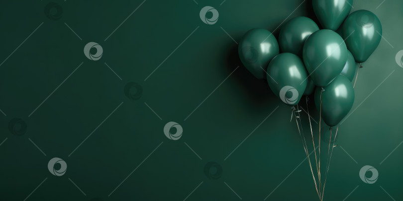 Зеленые воздушные шары на зеленом фоне, с пространством для текста. Баннер  зеленый. Порождающий искусственный интеллект - Ozero - российский фотосток