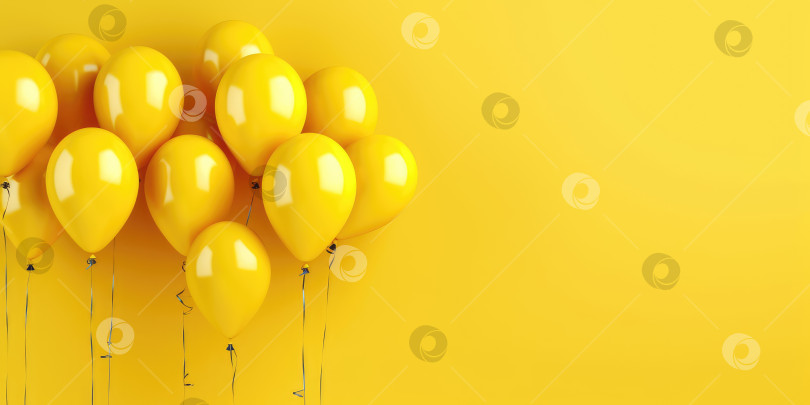Скачать Ярко-желтые воздушные шары на желтом фоне, с местом для текста. Баннер желтый. Порождающий искусственный интеллект фотосток Ozero