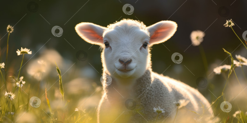 Скачать Милый счастливый ягненок на поле, овца. Порождающий искусственный интеллект фотосток Ozero