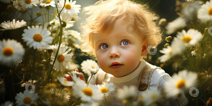 Скачать Симпатичный европейский младенец на ромашковом поле. Порождающий искусственный интеллект фотосток Ozero
