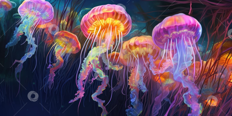 Скачать Иллюстрация неоновой медузы. Морской мир. Порождающий искусственный интеллект фотосток Ozero