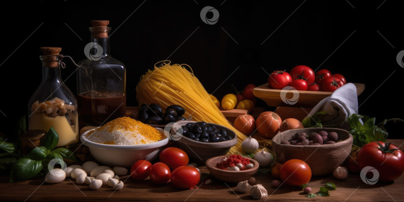 Скачать Итальянская национальная кухня. Овощи и макароны. Порождающий искусственный интеллект фотосток Ozero