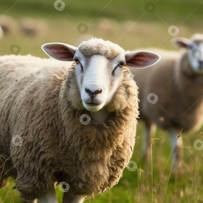 Скачать Милый счастливый ягненок на поле, овца. Порождающий искусственный интеллект фотосток Ozero