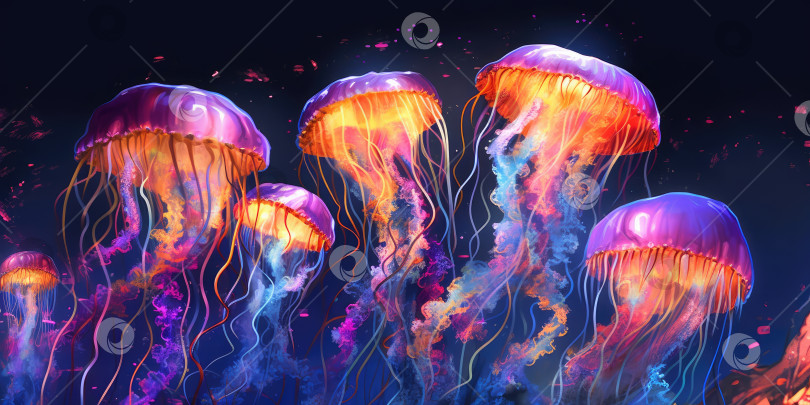 Скачать Иллюстрация неоновой медузы. Морской мир. Порождающий искусственный интеллект фотосток Ozero