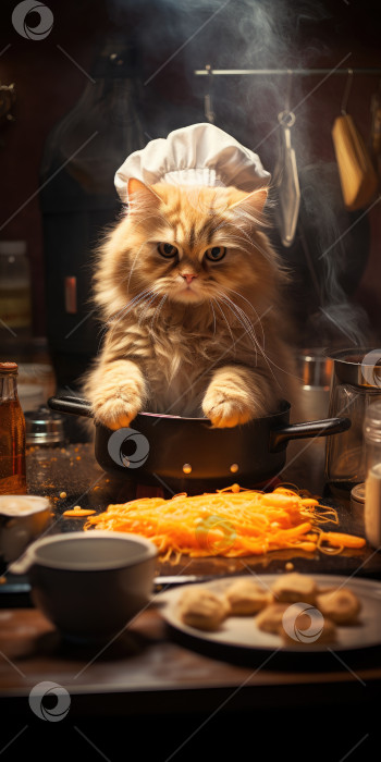 Скачать Забавный кот готовит еду на кухне. Порождающий искусственный интеллект фотосток Ozero