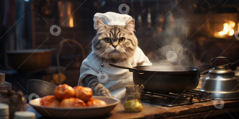 Скачать Забавный кот готовит еду на кухне. Порождающий искусственный интеллект фотосток Ozero