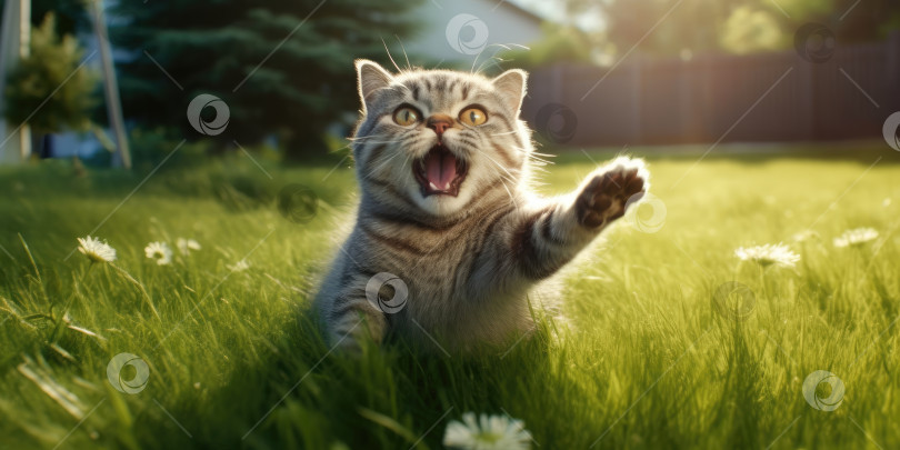 Скачать Забавный кот в саду летним днем. Порождающий искусственный интеллект фотосток Ozero