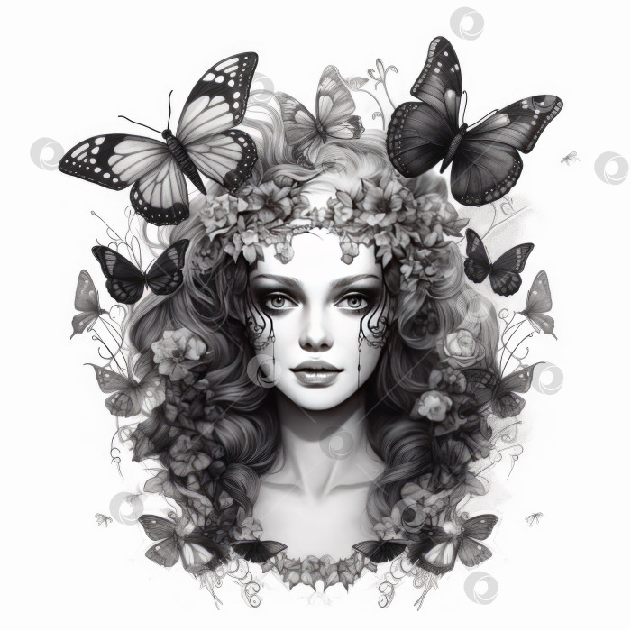 Скачать Черно-белая иллюстрация девушки с бабочками. Татуировка. Порождающий искусственный интеллект фотосток Ozero