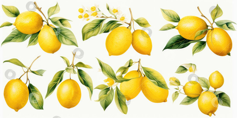 Скачать Набор лимонов на белом фоне, акварель. Порождающий искусственный интеллект фотосток Ozero