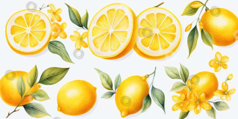 Скачать Набор лимонов на белом фоне, акварель. Порождающий искусственный интеллект фотосток Ozero