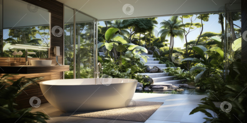 Скачать Современная ванная комната с видом на пальмы и тропики. Порождающий искусственный интеллект фотосток Ozero