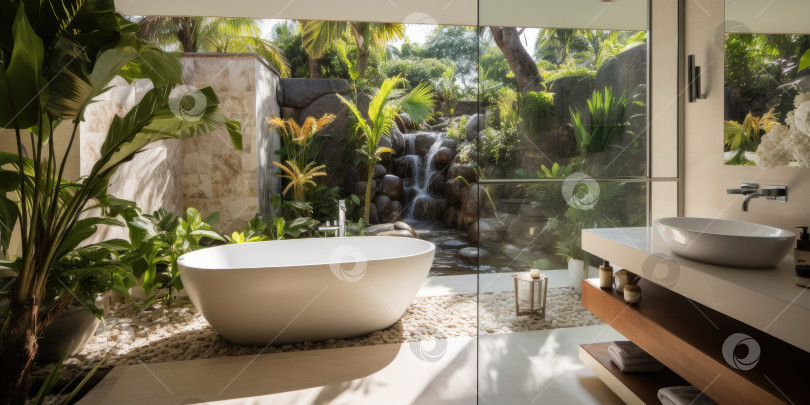 Скачать Ванная комната в тропическом стиле. Красивая современная ванная комната. Порождающий искусственный интеллект фотосток Ozero